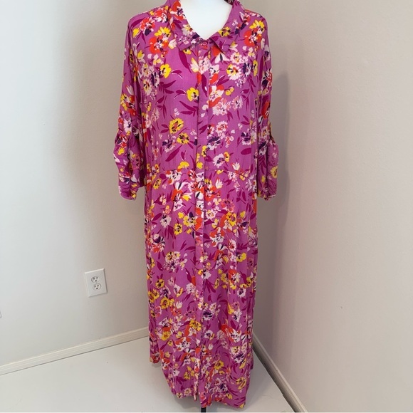 Woman Within Dresses & Skirts - Woman Within Floral Pink Maxi Shirt Dress Roll Tab Sleeve Boho Spring 28W